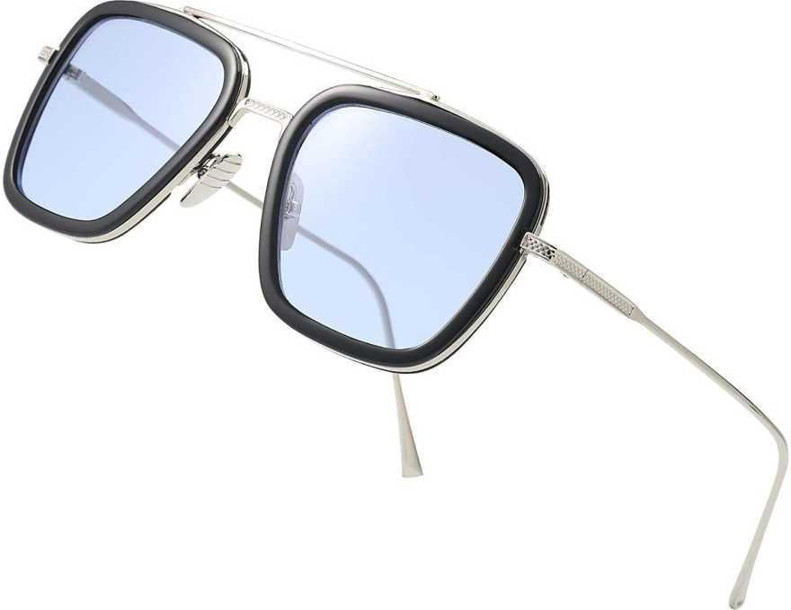 Unisex Blue Silver Retro Square Sunglasses