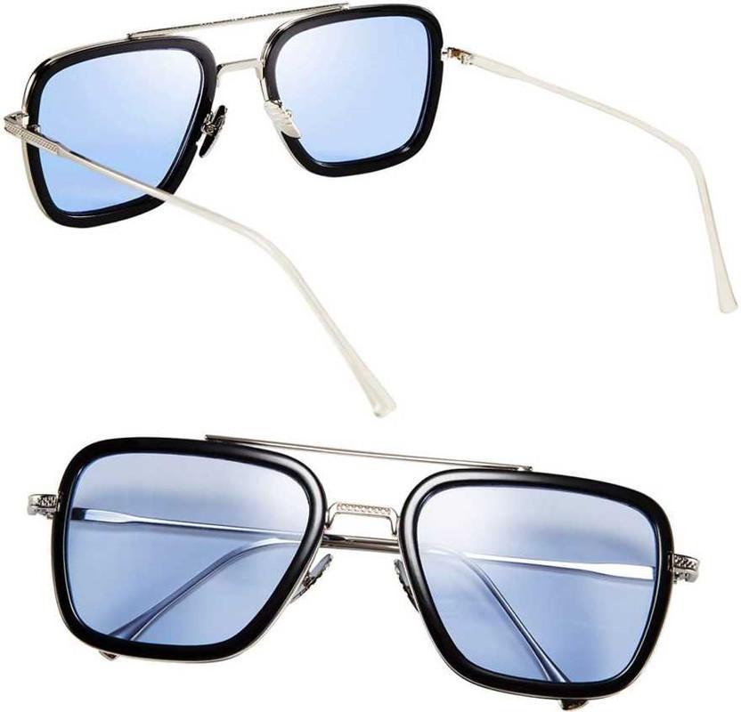 Unisex Blue Silver Retro Square Sunglasses